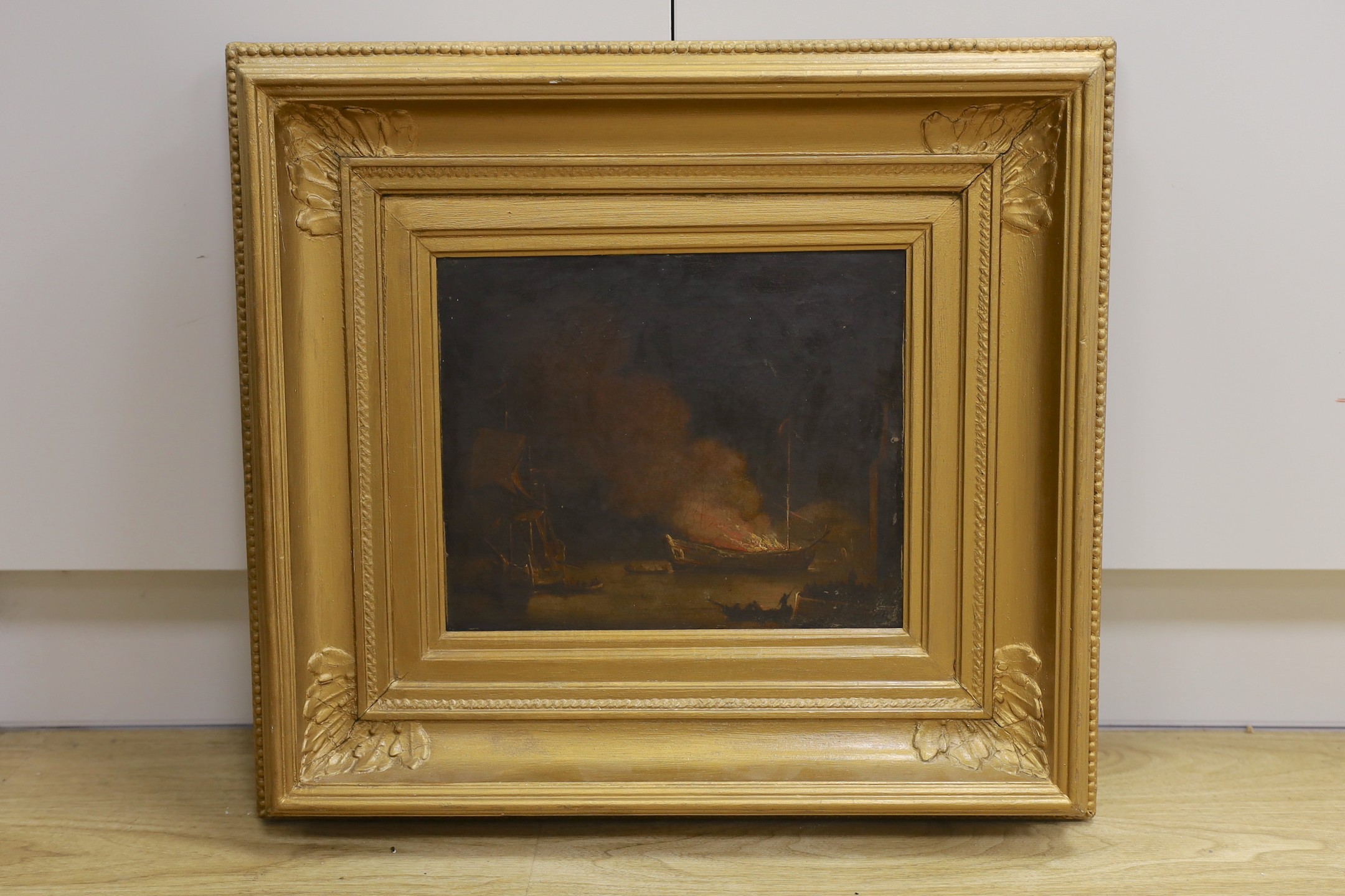 English School, early 19th century, Circle of Luny, oil on canvas, Ship on fire in a harbour - 24 x 29cm